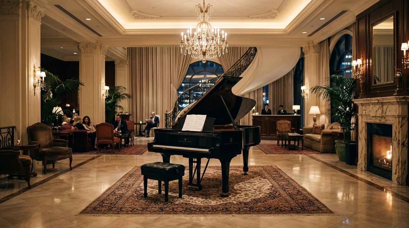 Cây đàn piano giữa sảnh khách sạn sang trọng