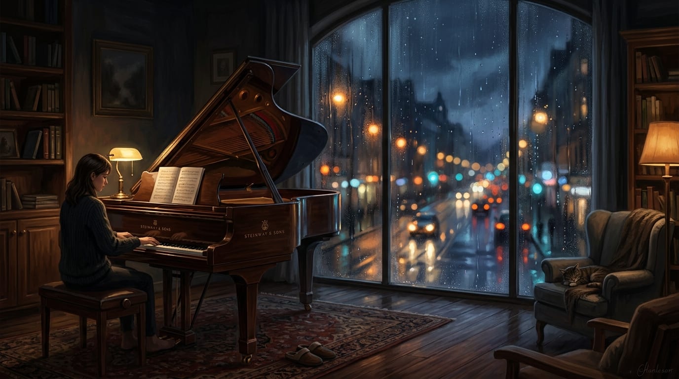 Cảnh bên cửa sổ và cây đàn piano trong đêm mưa