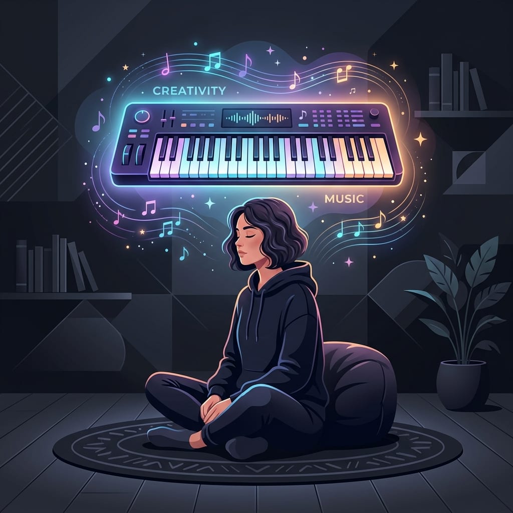 Ảnh minh họa người nhắm mắt tưởng tượng bàn phím piano